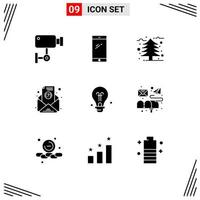 Modern Set of 9 Solid Glyphs Pictograph of bulb newsletter huawei email leaf Editable Vector Design Elements