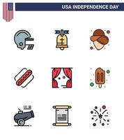 Flat Filled Line Pack of 9 USA Independence Day Symbols of usa leisure cowboy entertainment hotdog Editable USA Day Vector Design Elements