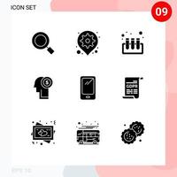 Universal Icon Symbols Group of 9 Modern Solid Glyphs of smart phone thinking setting money idea Editable Vector Design Elements