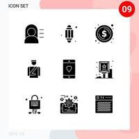 9 Thematic Vector Solid Glyphs and Editable Symbols of heart cellphone coin service hotel Editable Vector Design Elements