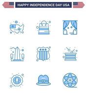 Happy Independence Day 4th July Set of 9 Blues American Pictograph of badge usa entertainment sight landmark Editable USA Day Vector Design Elements