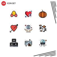 9 signos de color plano de línea de relleno universal símbolos de seo mano calabaza negocio amor elementos de diseño vectorial editables vector