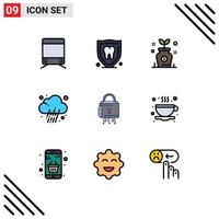 Pictogram Set of 9 Simple Filledline Flat Colors of lock security growth weather news Editable Vector Design Elements