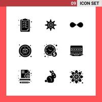 Editable Vector Line Pack of 9 Simple Solid Glyphs of laptop time management crypto management diet Editable Vector Design Elements