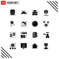 Group of 16 Modern Solid Glyphs Set for world navigation mountain globe kitchen Editable Vector Design Elements