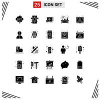 25 Universal Solid Glyph Signs Symbols of lamp flask achievement experiment target Editable Vector Design Elements