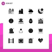 Pack of 16 Modern Solid Glyphs Signs and Symbols for Web Print Media such as time moon monastery line sun Editable Vector Design Elements