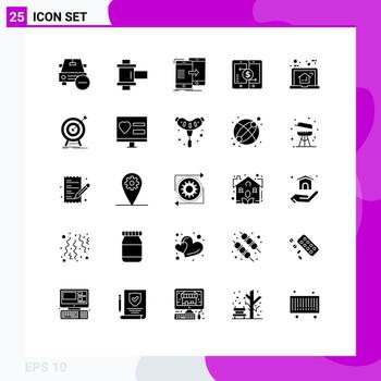 Group of 25 Modern Solid Glyphs Set for smartphone payments data payment syncing Editable Vector Design Elements