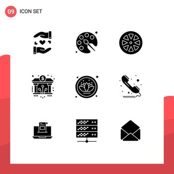 Pack of 9 Modern Solid Glyphs Signs and Symbols for Web Print Media such as lotus crypto food blockchain bank Editable Vector Design Elements