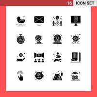 Set of 16 Commercial Solid Glyphs pack for world investment time idea clock remote Editable Vector Design Elements