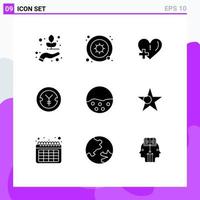 Set of 9 Vector Solid Glyphs on Grid for skin money heart yen coin Editable Vector Design Elements