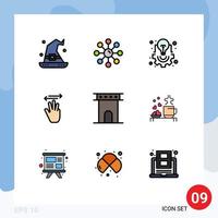 Group of 9 Filledline Flat Colors Signs and Symbols for left hand cursor skin protection hand light Editable Vector Design Elements