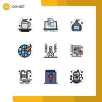 Mobile Interface Filledline Flat Color Set of 9 Pictograms of healthcare travel print globe spray Editable Vector Design Elements