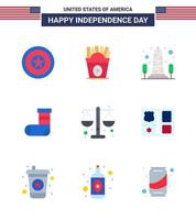 Happy Independence Day Pack of 9 Flats Signs and Symbols for court festivity landmark christmas washington Editable USA Day Vector Design Elements