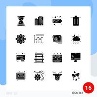 16 Universal Solid Glyph Signs Symbols of gears trash charging garbage been Editable Vector Design Elements