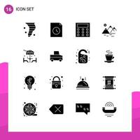 Set of 16 Commercial Solid Glyphs pack for dinner beach calculation farming mountain Editable Vector Design Elements