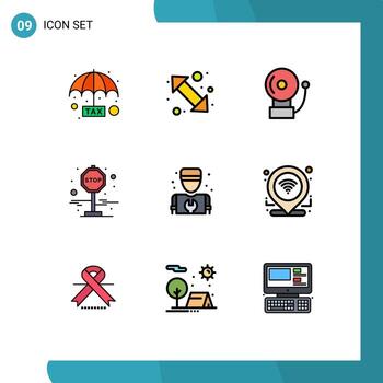 Set of 9 Vector Filledline Flat Colors on Grid for plumber man up right stop board Editable Vector Design Elements