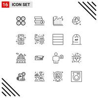 Pack of 16 Modern Outlines Signs and Symbols for Web Print Media such as heartm heart sewing heart stack economics banking Editable Vector Design Elements