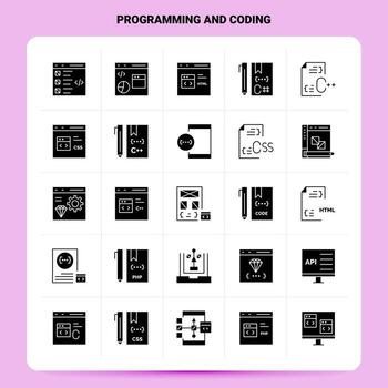 sólido 25 conjunto de iconos de programación y codificación diseño de estilo de glifo vectorial conjunto de iconos negros diseño de ideas de negocios web y móvil ilustración vectorial vector
