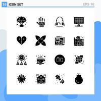 Set of 16 Modern UI Icons Symbols Signs for love server headphone computing web Editable Vector Design Elements