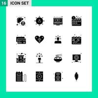 Group of 16 Solid Glyphs Signs and Symbols for management youtube employee screen computer Editable Vector Design Elements