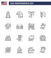 Group of 16 Lines Set for Independence day of United States of America such as eagle animal frankfurter american protection Editable USA Day Vector Design Elements