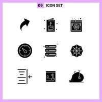 Pictogram Set of 9 Simple Solid Glyphs of security hosting online timer stopwatch Editable Vector Design Elements