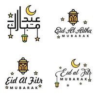 eid mubarak ramadan mubarak fondo paquete de 4 diseño de texto de saludo con linterna de luna dorada sobre fondo blanco vector