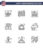 Editable Vector Line Pack of USA Day 9 Simple Lines of big gun mine instrument cart hat Editable USA Day Vector Design Elements