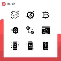 Pack of 9 creative Solid Glyphs of web swap money change crypto currency Editable Vector Design Elements