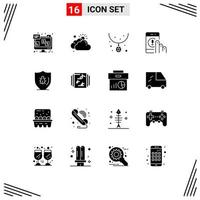 Mobile Interface Solid Glyph Set of 16 Pictograms of bug help accessories contact click Editable Vector Design Elements