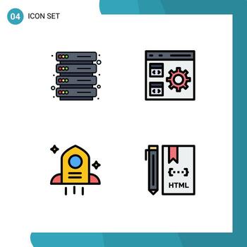 conjunto de color plano de línea de relleno de interfaz móvil de 4 pictogramas de código de desarrollo de aplicación de cohete de alojamiento elementos de diseño de vector editables