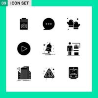 9 concepto de glifo sólido para sitios web móviles y capacidades de aplicaciones notificar notificación de horneado reproducir elementos de diseño vectorial editables vector