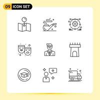 Group of 9 Outlines Signs and Symbols for castle student masks manager man Editable Vector Design Elements