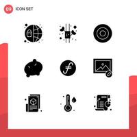 Mobile Interface Solid Glyph Set of 9 Pictograms of edit crypto symbolism coin vegetable Editable Vector Design Elements