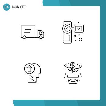 Mobile Interface Line Set of 4 Pictograms of truck knowledge camera arrow up Editable Vector Design Elements
