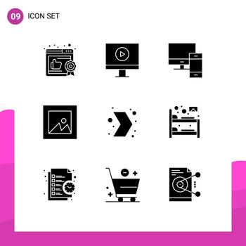 conjunto de glifos sólidos de interfaz móvil de 9 pictogramas de diseño de flecha mac de dirección derecha elementos de diseño vectorial editables vector