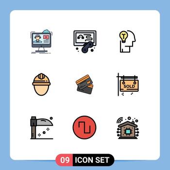 conjunto moderno de 9 colores planos de línea rellena pictografía de elementos de diseño de vector editables de solución de día de idea de casco de trabajo