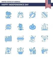 Happy Independence Day 4th July Set of 16 Blues American Pictograph of flower fast food ball burger hotdog Editable USA Day Vector Design Elements
