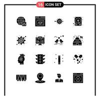 Set of 16 Commercial Solid Glyphs pack for setting bug cyber crime design hard disk disk Editable Vector Design Elements