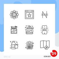 Modern Pack of 9 Icons Line Outline Symbols isolated on White Backgound for Website designing Creative Black Icon vector background