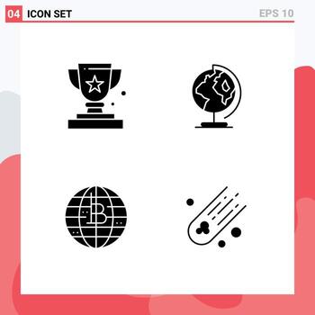 4 User Interface Solid Glyph Pack of modern Signs and Symbols of achievement future of money prize globe blockchain Editable Vector Design Elements