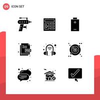 Editable Vector Line Pack of 9 Simple Solid Glyphs of wireless headset intelligent electric file type document Editable Vector Design Elements