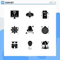 Set of 9 Modern UI Icons Symbols Signs for breathe gear bug source code html Editable Vector Design Elements