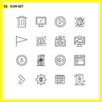 Pack of 16 Modern Outlines Signs and Symbols for Web Print Media such as flag woman video profile cute Editable Vector Design Elements