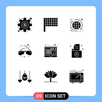 9 signos de glifos sólidos universales símbolos de archivo estado financiero mundo finanzas geek elementos de diseño vectorial editables vector