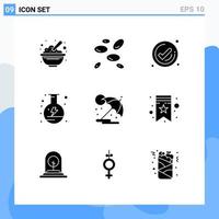 Editable Vector Line Pack of 9 Simple Solid Glyphs of summer power white cells energy check Editable Vector Design Elements