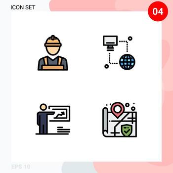 4 Universal Filledline Flat Color Signs Symbols of labour man solution worker computer business Editable Vector Design Elements