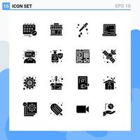 Set of 16 Vector Solid Glyphs on Grid for blogging computer store office science Editable Vector Design Elements