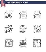 4th July USA Happy Independence Day Icon Symbols Group of 9 Modern Lines of food french fries cap chips party decoration Editable USA Day Vector Design Elements